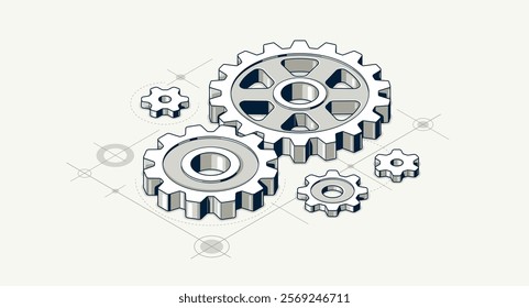 Mechanical engineering concept, gears and cogs with project drawing draft isometric 3D vector illustration, cogwheels system technology and technics machinery engine.