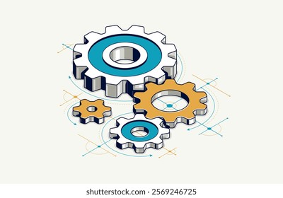 Mechanical engineering concept, gears and cogs with project drawing draft isometric 3D vector illustration, cogwheels system technology and technics machinery engine.