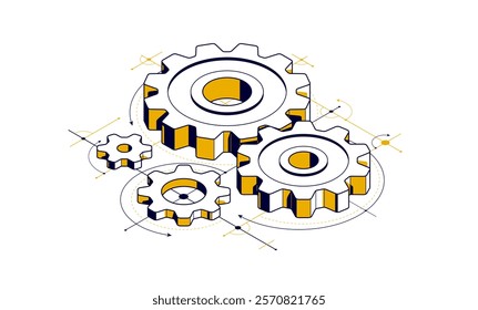 Mechanical engineering concept, gears and cogs with project drawing draft isometric 3D vector illustration, cogwheels system technology and technics machinery engine.