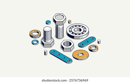 Mechanical engineering concept, gears and cogs composition isometric 3D vector illustration, cogwheels system technology and technics machinery engine.