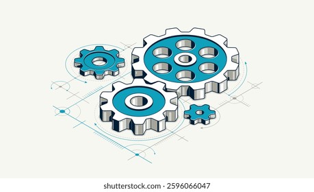 Mechanical engineering concept, gears and cogs with project drawing draft isometric 3D vector illustration, cogwheels system technology and technics machinery engine.
