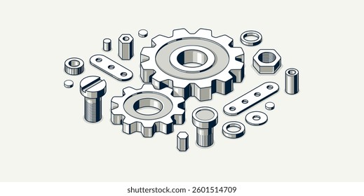 Mechanical engineering concept, gears and cogs composition isometric 3D vector illustration, cogwheels system technology and technics machinery engine.