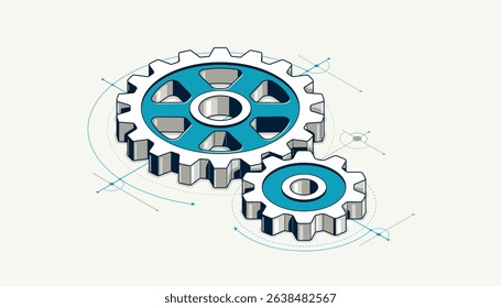 Mechanical engineering concept, gears and cogs with project drawing draft isometric 3D vector illustration, cogwheels system technology and technics machinery engine.
