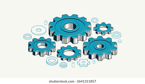 Mechanical engineering concept, gears and cogs composition isometric 3D vector illustration, cogwheels system technology and technics machinery engine.