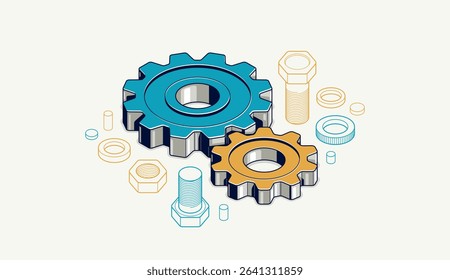 Mechanical engineering concept, gears and cogs composition isometric 3D vector illustration, cogwheels system technology and technics machinery engine.