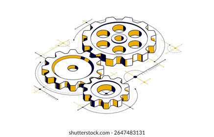 Mechanical engineering concept, gears and cogs with project drawing draft isometric 3D vector illustration, cogwheels system technology and technics machinery engine.