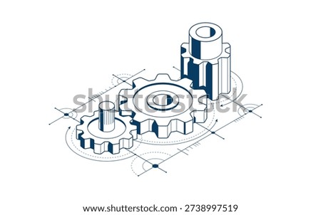 Mechanical engineering concept, gears and cogs with project drawing draft isometric 3D vector illustration, cogwheels system technology and technics machinery engine.