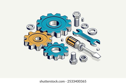 Concepto de ingeniería mecánica, engranajes y herramientas en la Ilustración vectorial de proyección isométrica 3D, ruedas dentadas y tecnología y técnicas del sistema de engranajes en progreso.