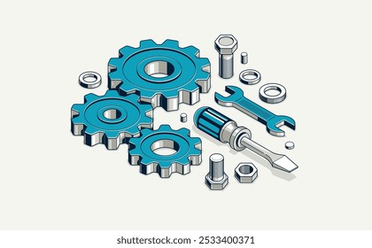 Conceito de engenharia mecânica, engrenagens e ferramentas em 3D ilustração vetorial de projeção isométrica, cogwheel e tecnologia de sistema de engrenagens e técnicas de trabalho em andamento.