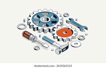 Mechanical engineering concept, gears and tools in 3D isometric projection vector illustration, cogwheels and cogs system technology and technics work in progress.
