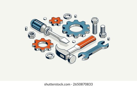 Mechanical engineering concept, gears and tools in 3D isometric projection vector illustration, cogwheels and cogs system technology and technics work in progress.