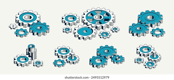 Mechanical engineering concept set, gears and cogs composition isometric 3D vector illustration, cogwheels system technology and technics machinery engine.