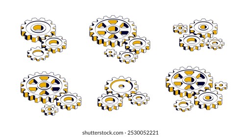 Conjunto de conceptos de ingeniería mecánica, Ilustración vectorial isométrica 3D de composición de engranajes y engranajes, tecnología del sistema de ruedas dentadas y motor de maquinaria de técnicas.