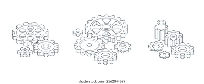 Mechanical engineering concept set, gears and cogs composition isometric 3D vector illustration, cogwheels system technology and technics machinery engine.