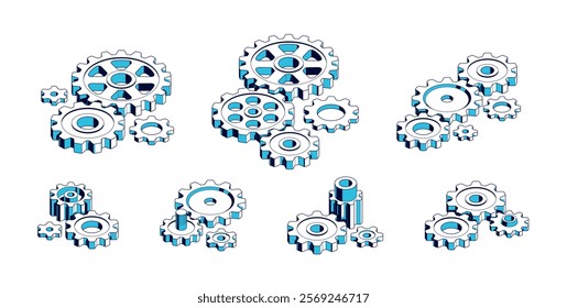 Mechanical engineering concept set, gears and cogs composition isometric 3D vector illustration, cogwheels system technology and technics machinery engine.