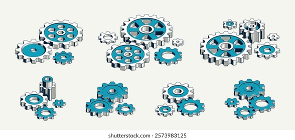 Mechanical engineering concept set, gears and cogs composition isometric 3D vector illustration, cogwheels system technology and technics machinery engine.