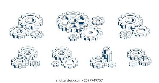 Mechanical engineering concept set, gears and cogs composition isometric 3D vector illustration, cogwheels system technology and technics machinery engine.