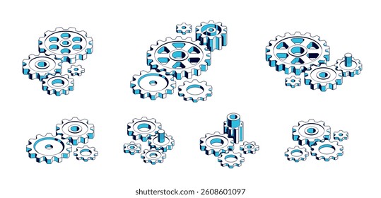 Mechanical engineering concept set, gears and cogs composition isometric 3D vector illustration, cogwheels system technology and technics machinery engine.