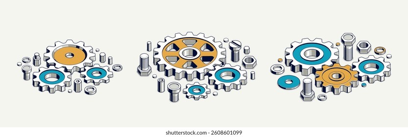 Mechanical engineering concept set, gears and cogs composition isometric 3D vector illustration, cogwheels system technology and technics machinery engine.