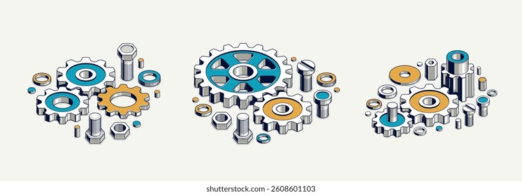 Mechanical engineering concept set, gears and cogs composition isometric 3D vector illustration, cogwheels system technology and technics machinery engine.