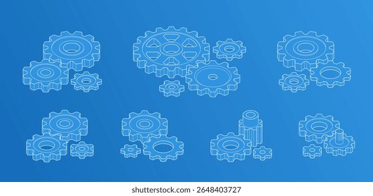 Mechanical engineering concept set, gears and cogs composition isometric 3D vector illustration, cogwheels system technology and technics machinery engine.