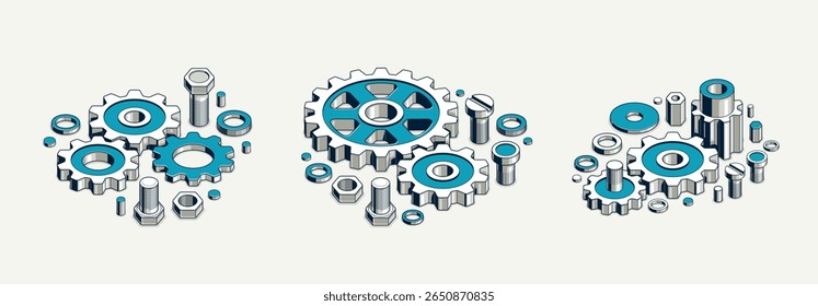 Mechanical engineering concept set, gears and cogs composition isometric 3D vector illustration, cogwheels system technology and technics machinery engine.