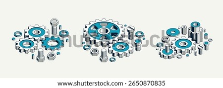 Mechanical engineering concept set, gears and cogs composition isometric 3D vector illustration, cogwheels system technology and technics machinery engine.