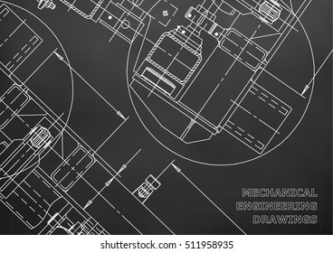 Mechanical Engineering drawing. Blueprints. Black. Grid