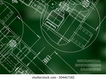 Mechanical Engineering drawing. Blueprints. Green