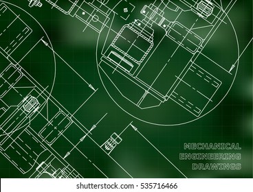 Mechanical Engineering drawing. Blueprints. Green. Grid
