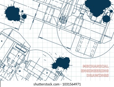 Mechanical Engineering drawing. Blueprints. Mechanics. Cover, background. Draft. Ink. Blots