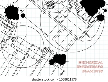 Mechanical Engineering drawing. Blueprints. Mechanics. Cover. Engineering design, instrumentation. Draft. Black Ink. Blots