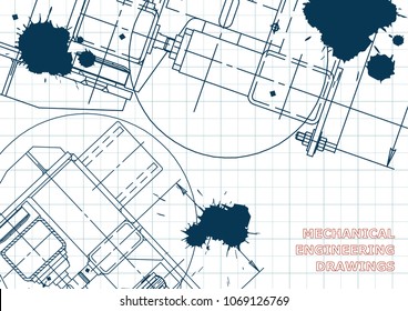 Mechanical Engineering drawing. Blueprints. Mechanics. Cover. Draft. Ink. Blots