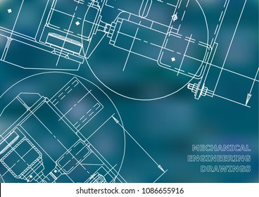 Mechanical Engineering drawing. Blueprints. Mechanics. Cover. Blue background