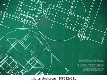Mechanical Engineering drawing. Blueprints. Mechanics. Cover. Light green background. Points