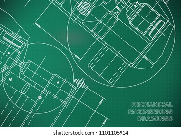 Mechanical Engineering drawing. Blueprints. Mechanics. Cover. Engineering design, instrumentation. Light green background. Points