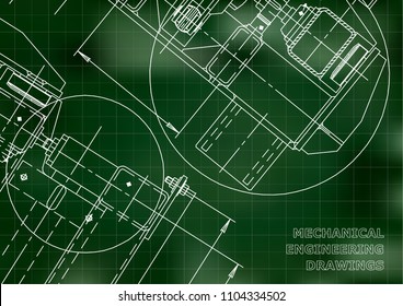 Mechanical Engineering drawing. Blueprints. Mechanics. Cover. Engineering design, instrumentation. Green background. Grid