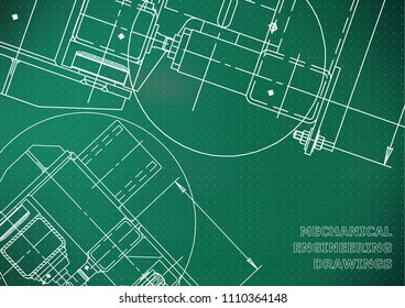 Mechanical Engineering drawing. Blueprints. Mechanics. Cover. Light green background. Points