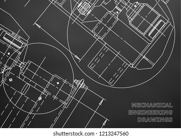 Mechanical Engineering drawing. Blueprints. Mechanics. Cover. Engineering design, instrumentation. Black background