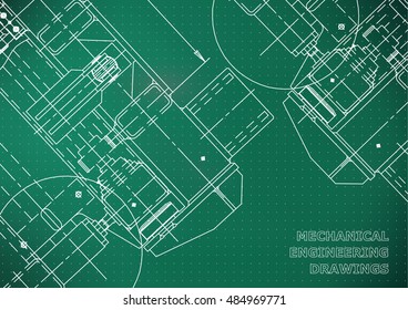 Mechanical Engineering drawing. Blueprints. Mechanics. Cover, background for your design. Light green. Points