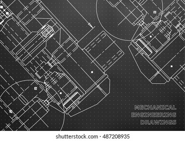 Mechanical Engineering drawing. Blueprints. Mechanics. Cover, background for your design. Black. Points