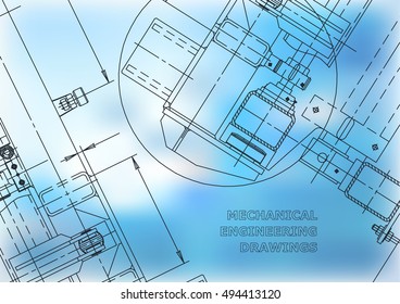 Mechanical Engineering drawing. Blueprints. Mechanics. Cover, blue background, banner