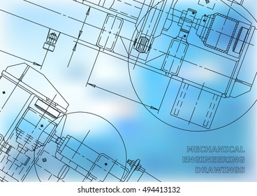 Mechanical Engineering drawing. Blueprints. Mechanics. Cover, blue background