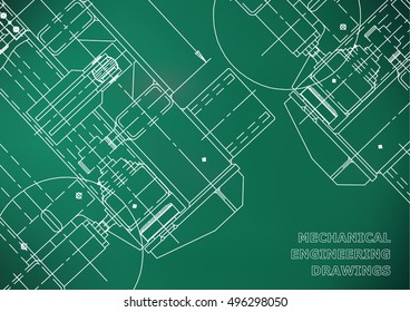 Mechanical Engineering drawing. Blueprints. Mechanics. Cover, background for your design. Light green