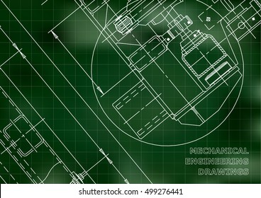 Mechanical Engineering drawing. Blueprints. Mechanics. Green. Grid