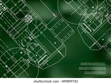 Mechanical Engineering drawing. Blueprints. Mechanics. Cover, background for your design. Green. Points