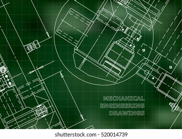 Mechanical Engineering drawing. Blueprints. Mechanics. Cover, background, banner. Green. Grid