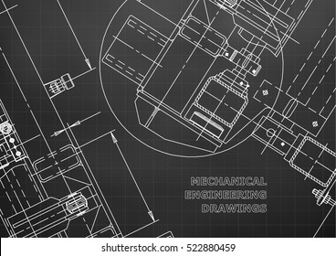 Mechanical Engineering drawing. Blueprints. Mechanics. Cover, background, banner. Black. Grid