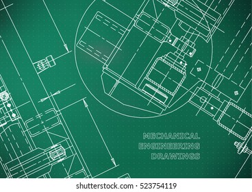 Mechanical Engineering drawing. Blueprints. Mechanics. Cover, background, banner. Light green. Points