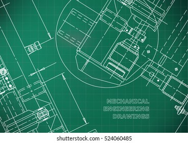 Mechanical Engineering drawing. Blueprints. Mechanics. Cover, background, banner. Light green. Grid